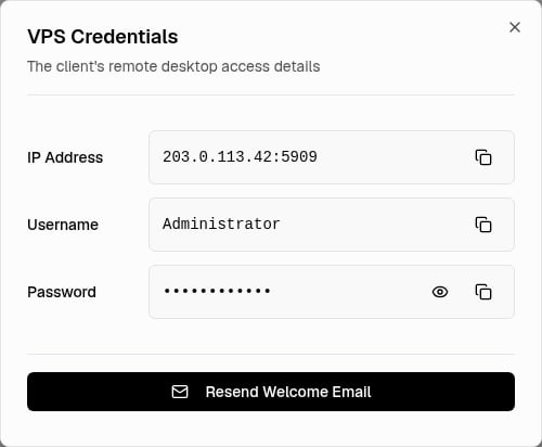 VPS Credentials dialog with password hidden