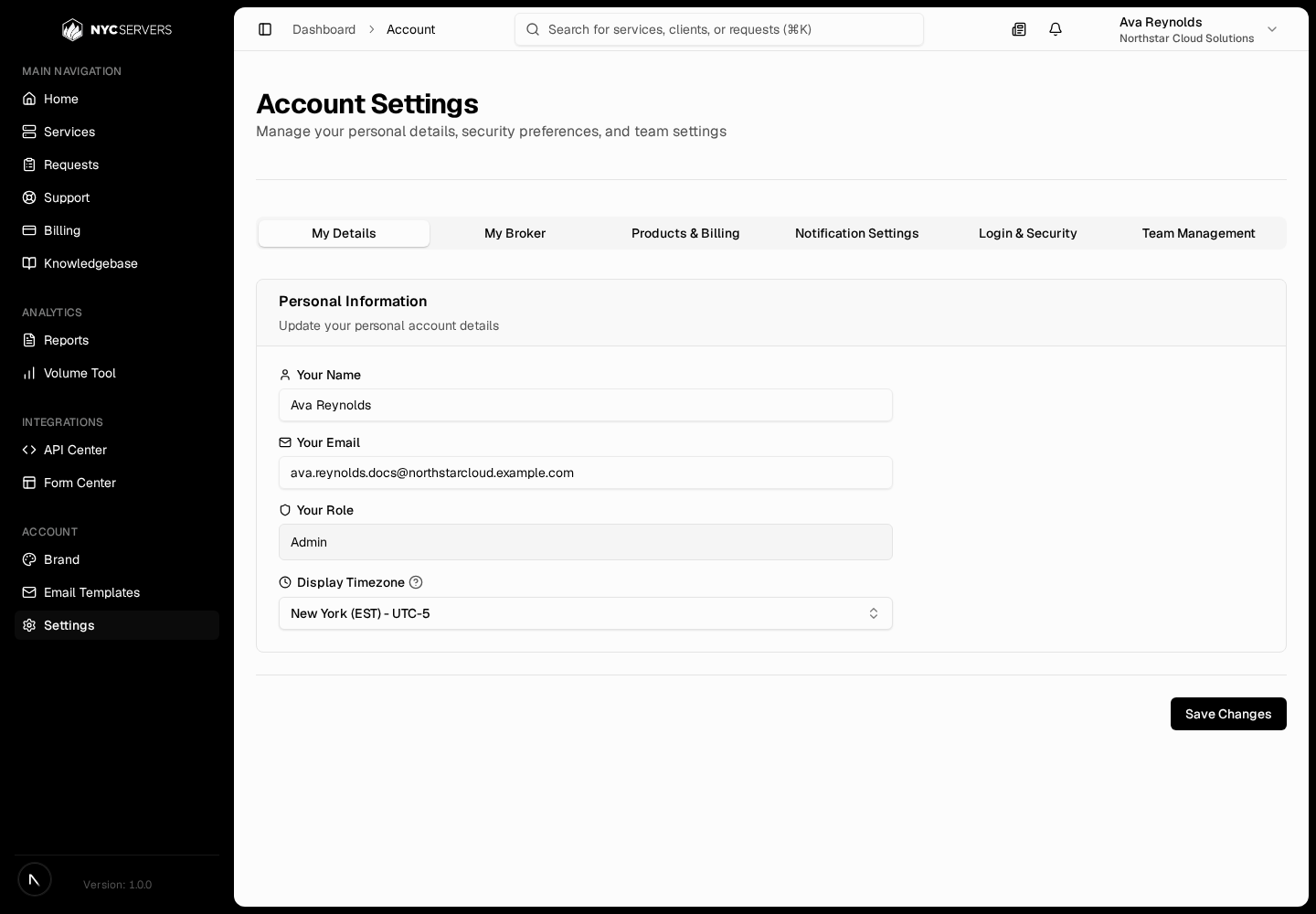 Account Settings page showing personal details and display timezone