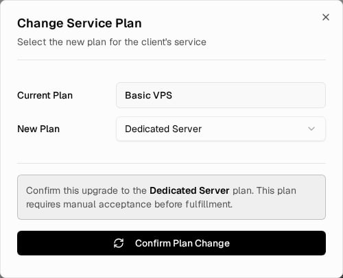 Change Service Plan dialog confirming a manually accepted catalog plan