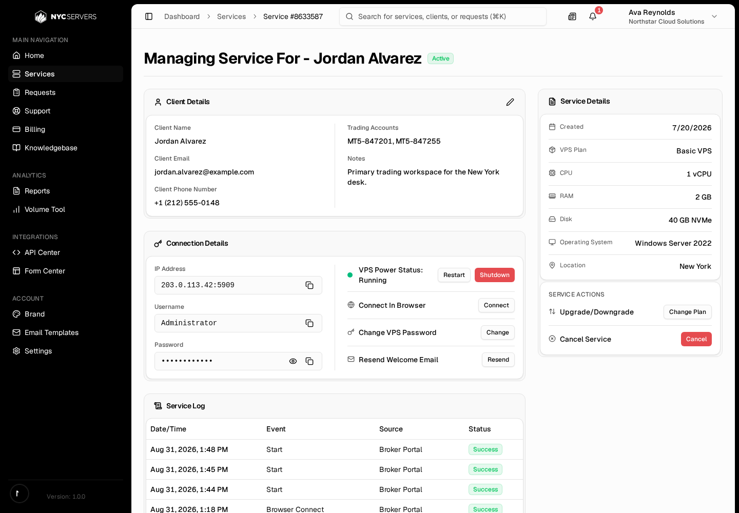 Service detail page showing client details, inline connection details, service specifications, actions, and the service log