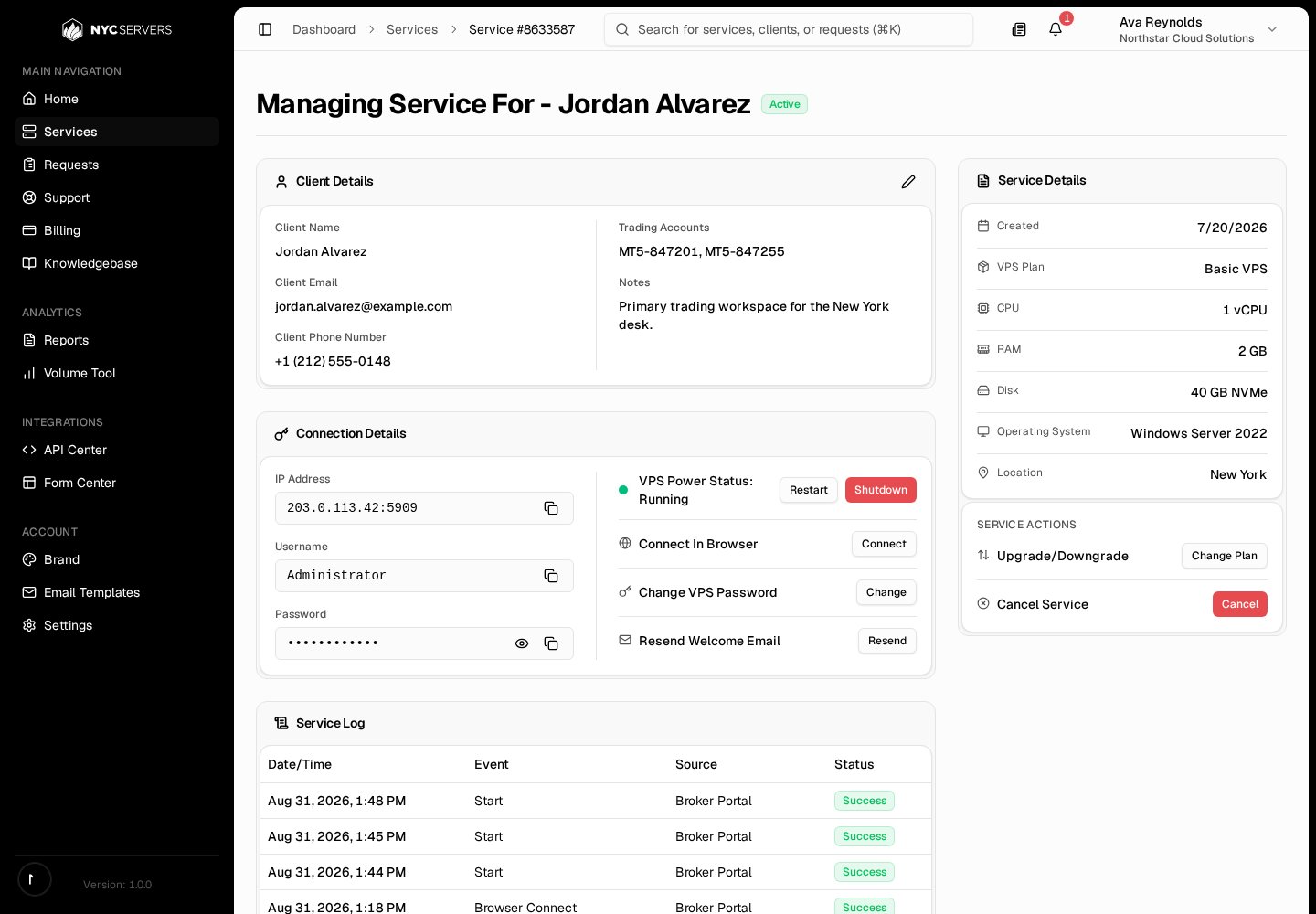 Service detail page showing client details, inline connection details, service specifications, actions, and the service log