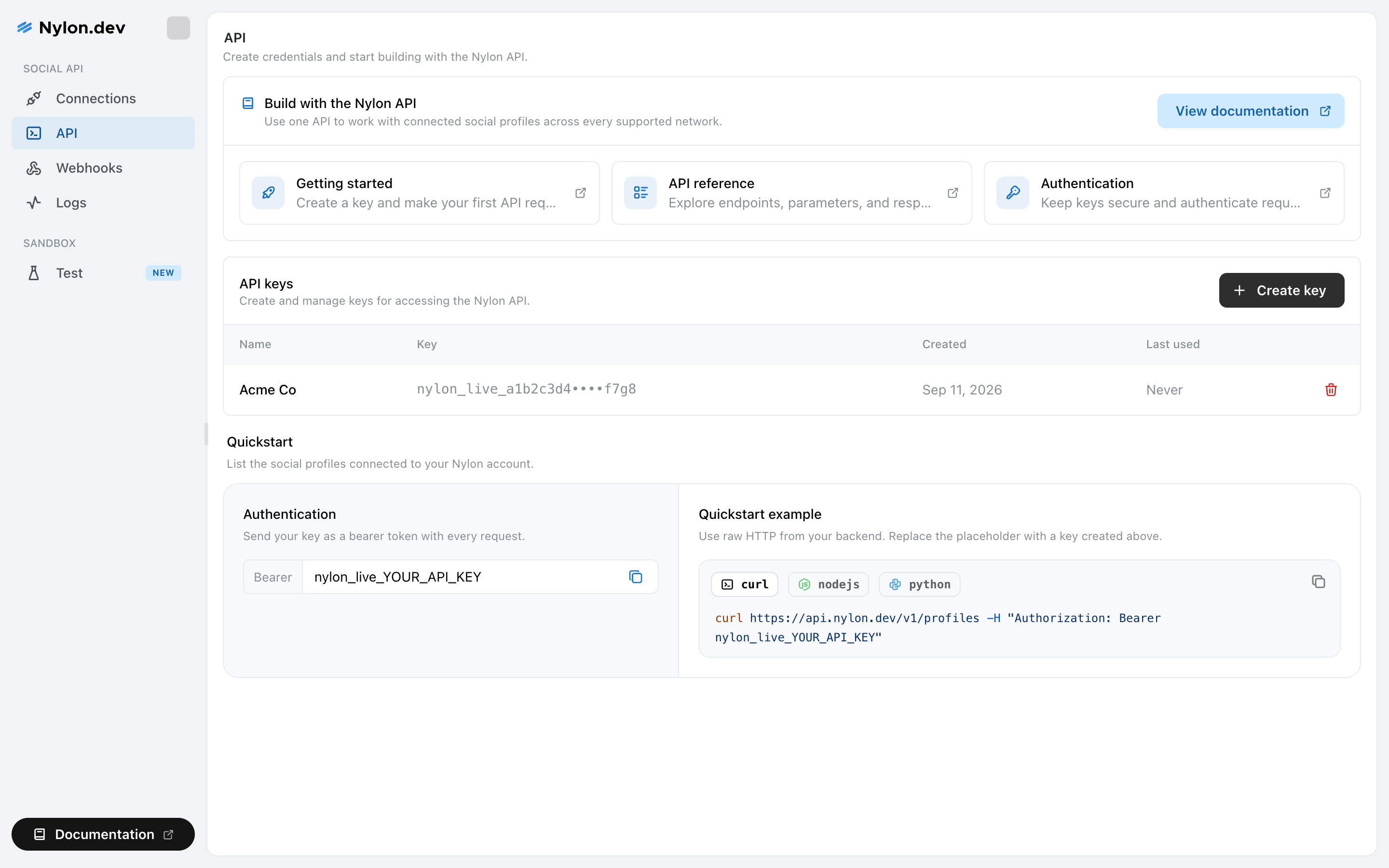 Nylon API page showing documentation cards, an API keys table with name, masked key, created and last used columns, and a quickstart code sample