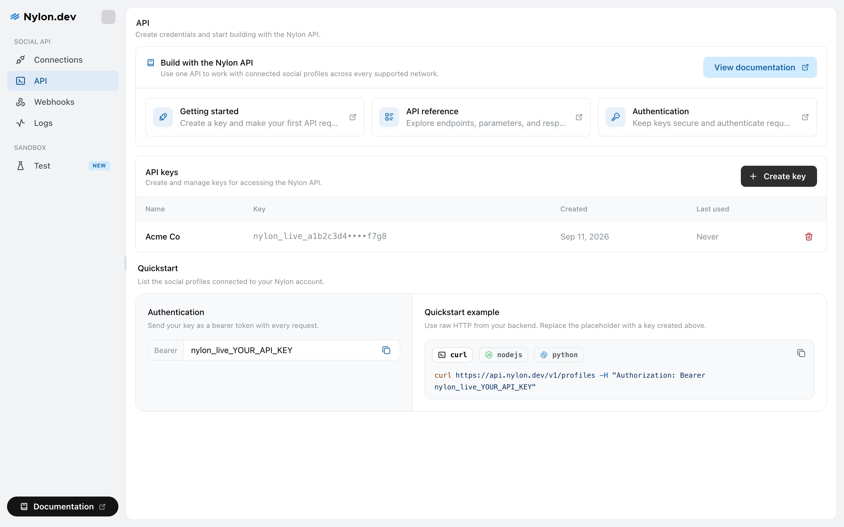 Nylon API page showing documentation cards, an API keys table with name, masked key, created and last used columns, and a quickstart code sample