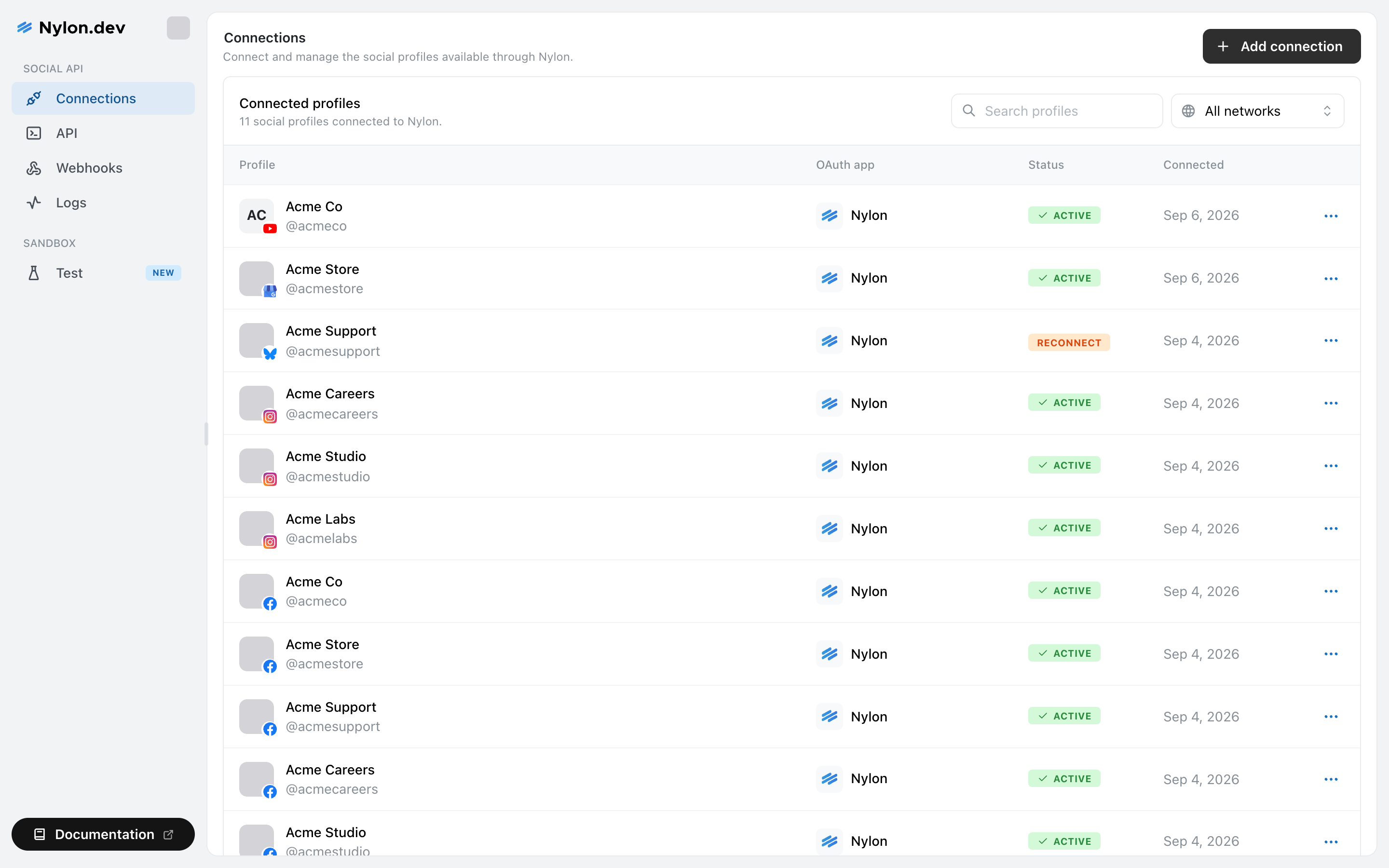 Nylon Connections page showing a table of connected profiles with columns for Profile, OAuth app, Status and Connected, plus a search box and an All networks filter