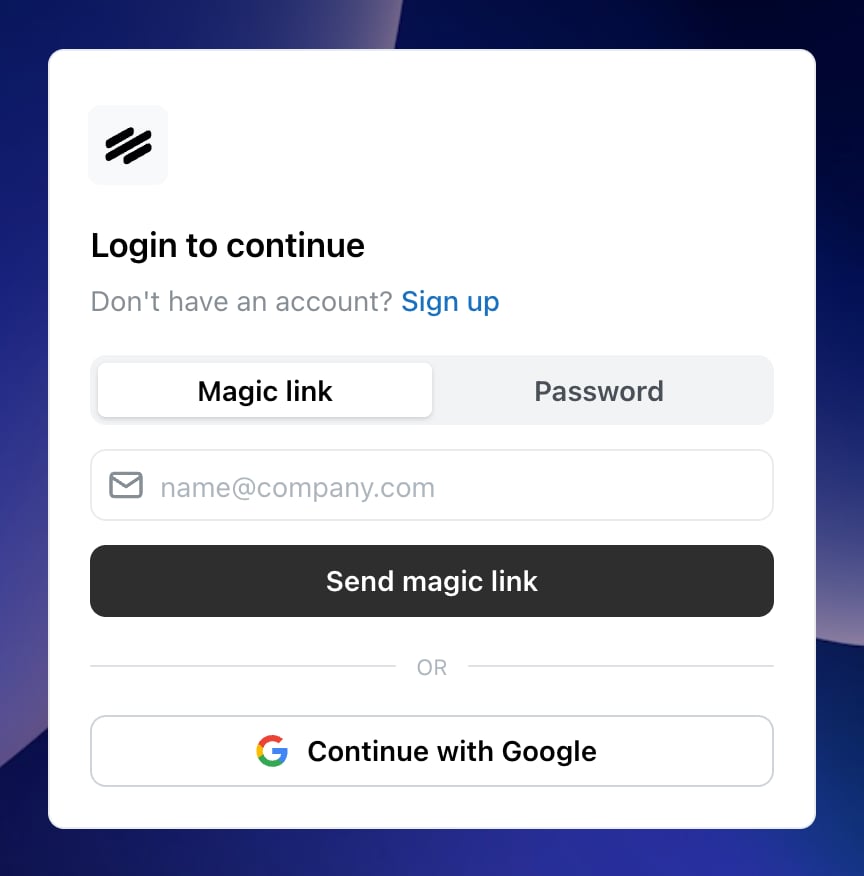 Nylon sign-in card with an email field, a Send magic link button and a Continue with Google button
