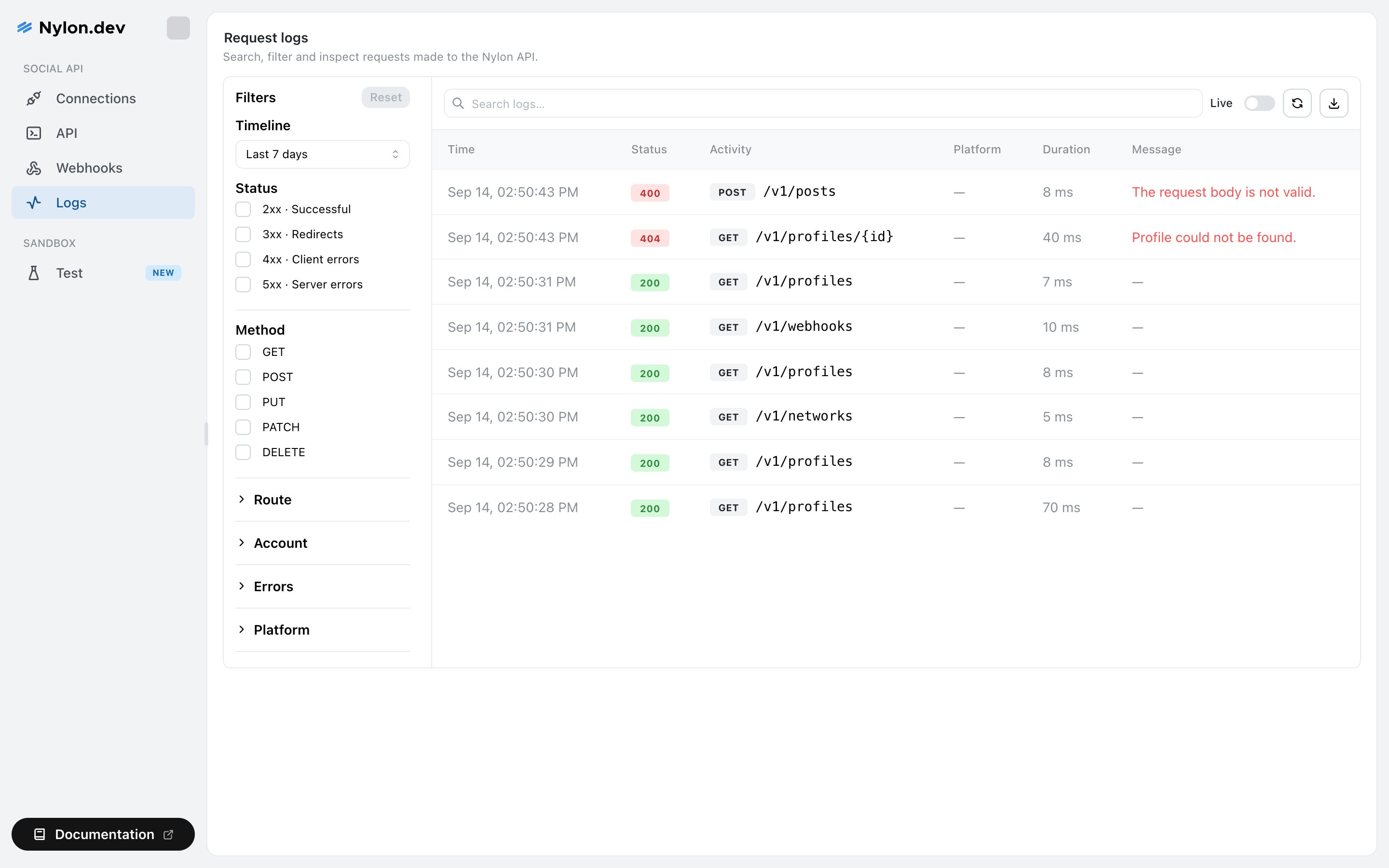Nylon Request logs page with a filter sidebar for timeline, status and method, and a table of requests showing time, status, activity, platform, duration and message