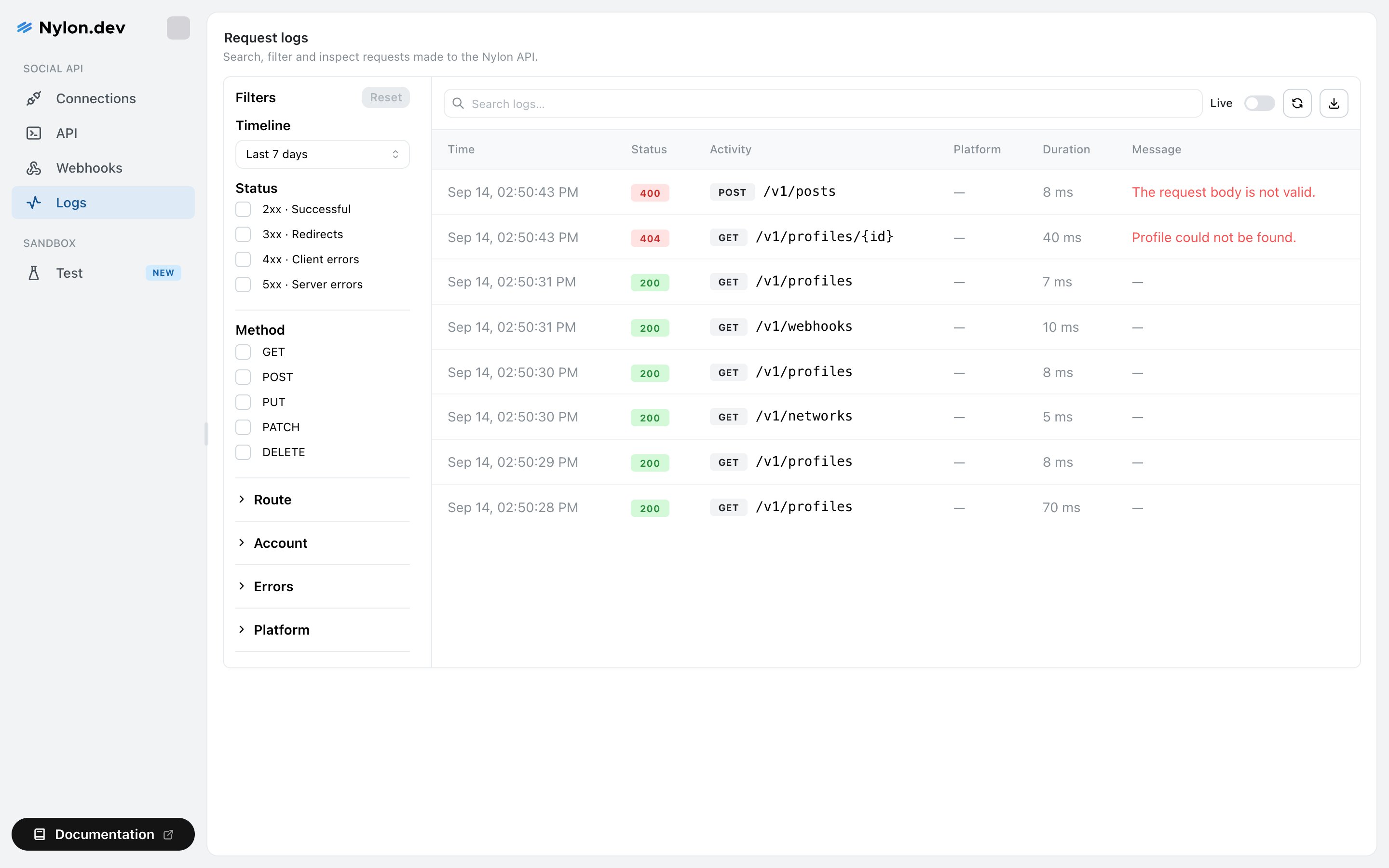 Nylon Request logs page with a filter sidebar for timeline, status and method, and a table of requests showing time, status, activity, platform, duration and message