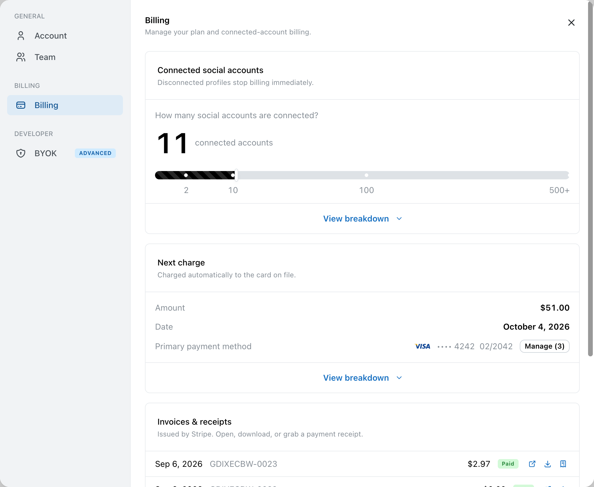 Nylon Billing settings panel showing connected social accounts, next charge amount and date, payment method and invoices