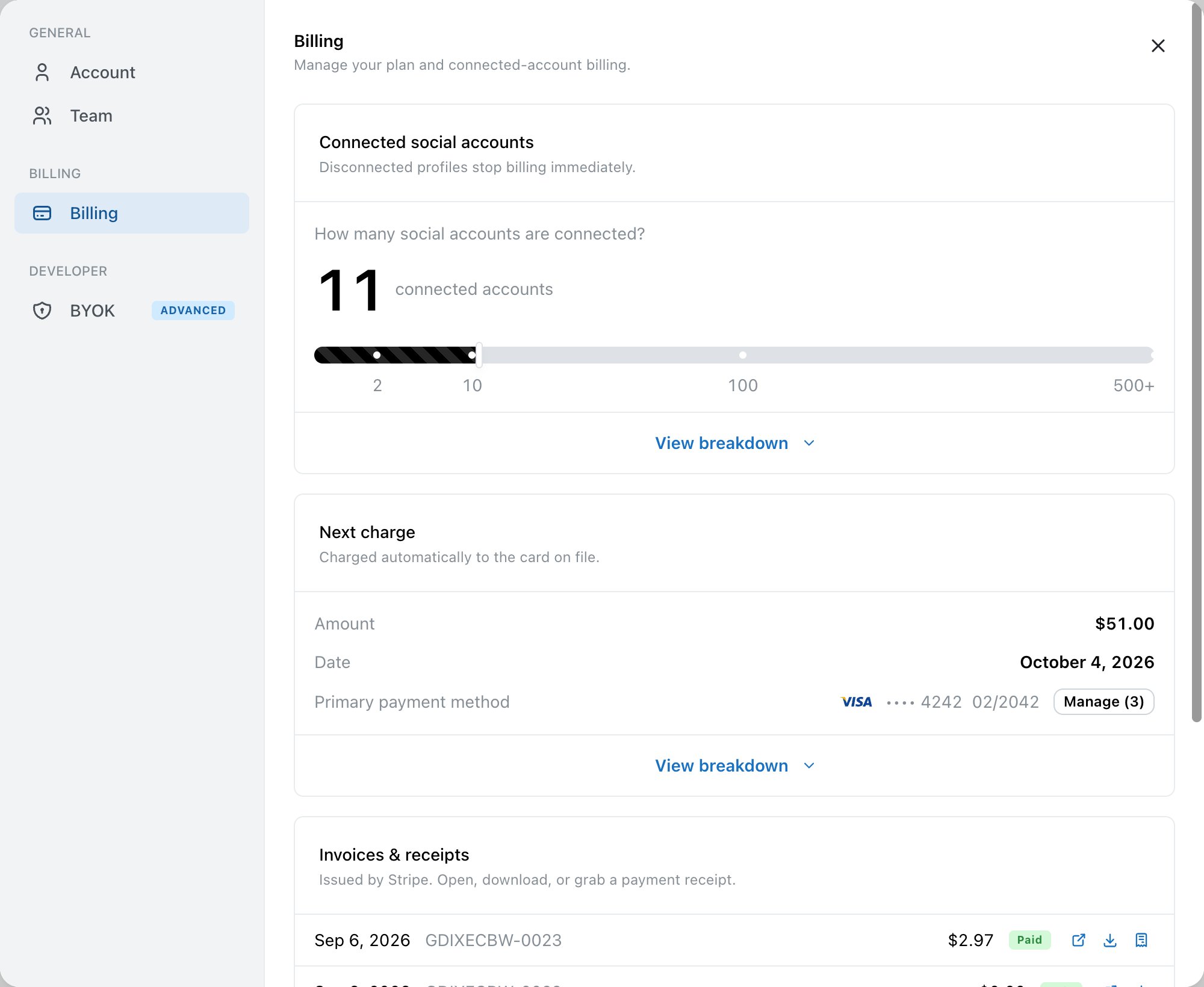 Nylon Billing settings panel showing connected social accounts, next charge amount and date, payment method and invoices