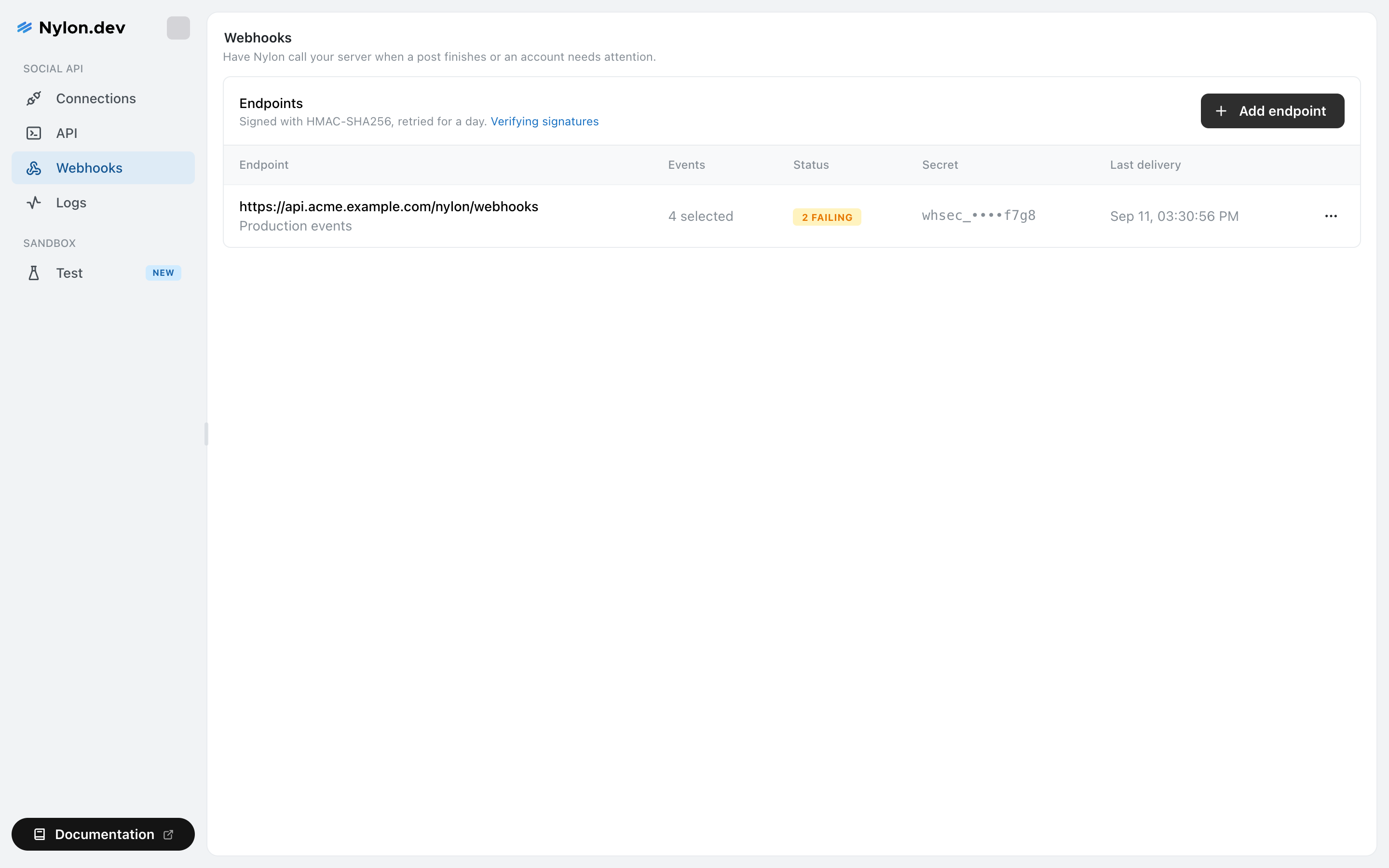Nylon Webhooks page showing an Endpoints table with columns for Endpoint, Events, Status, Secret and Last delivery, and an Add endpoint button