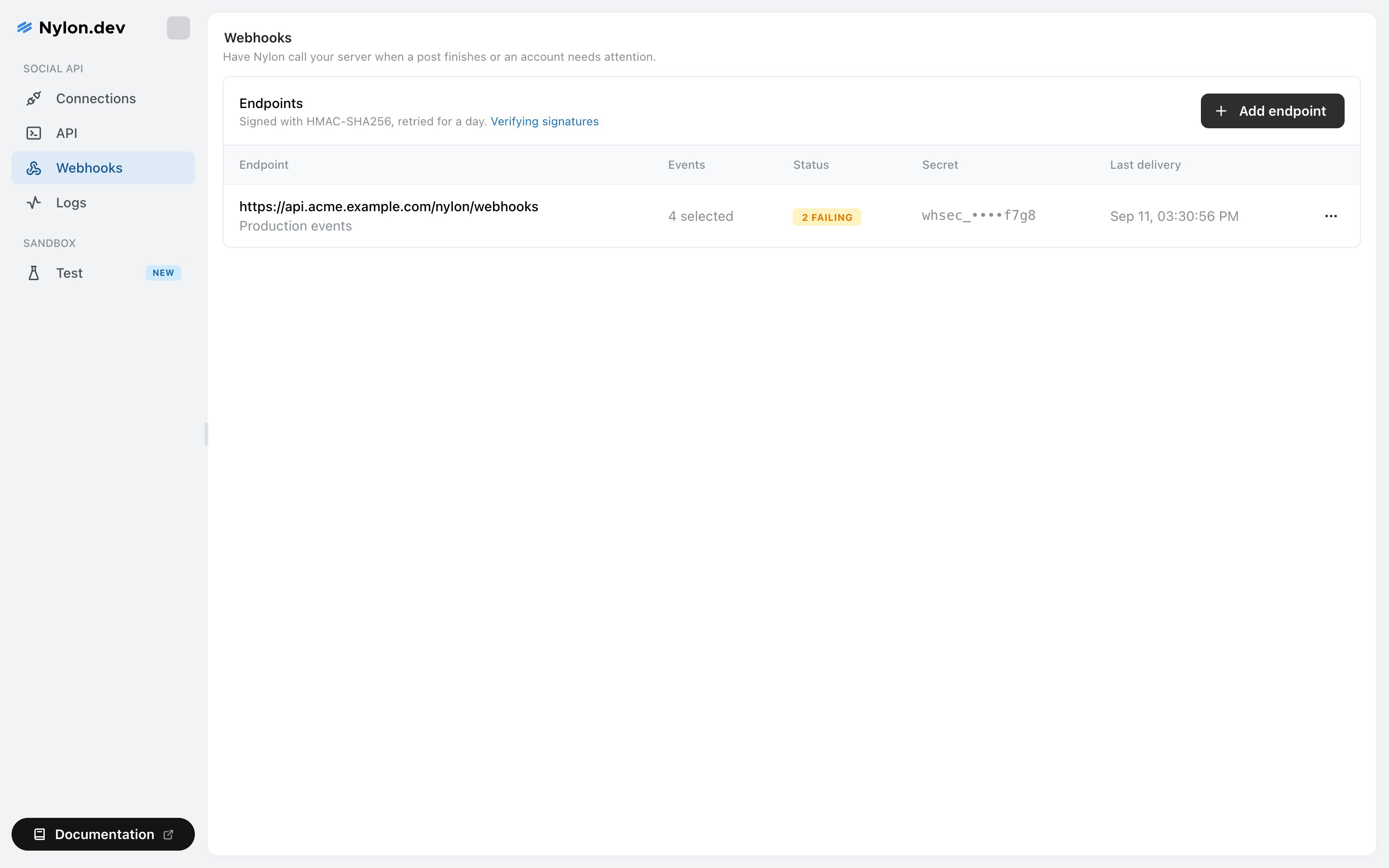 Nylon Webhooks page showing an Endpoints table with columns for Endpoint, Events, Status, Secret and Last delivery, and an Add endpoint button