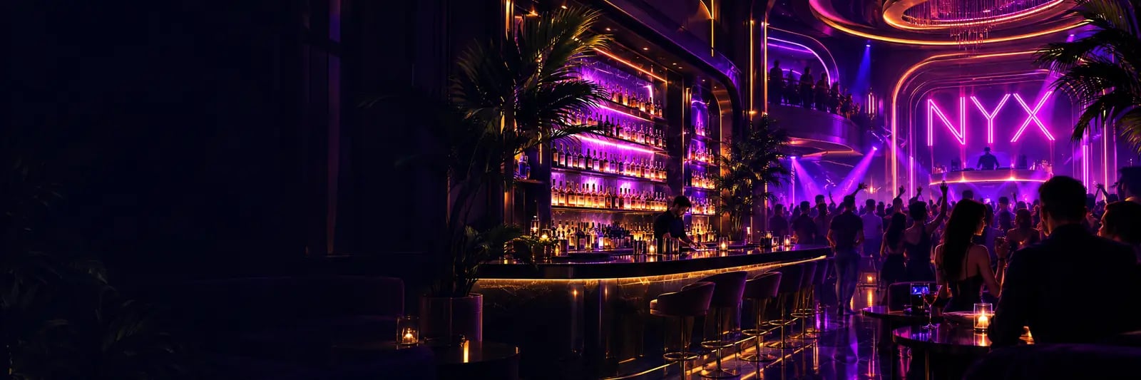 Inside a NYXERON club: the bar, the dance floor and the NYX sign