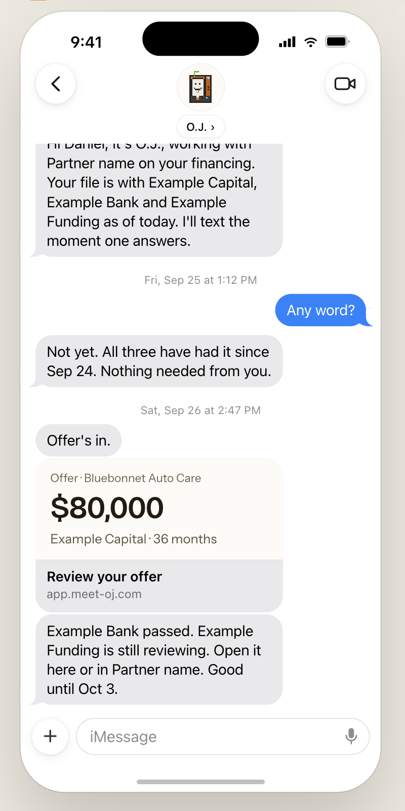 Text thread: O.J. tells Daniel his file is with three lenders, answers 'Any word?', then sends an $80,000 offer from Example Capital