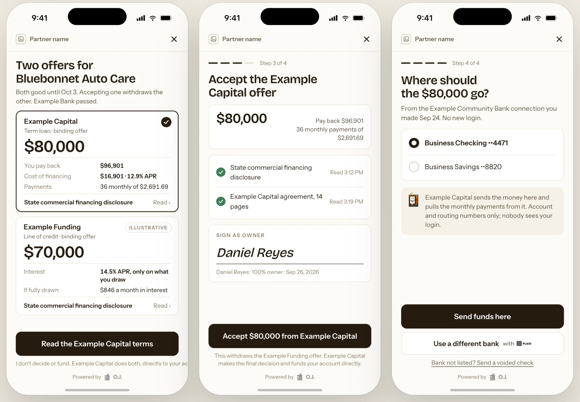 Three screens: two offers for Bluebonnet Auto Care, accepting the Example Capital offer, and choosing Business Checking ending 4471 to receive $80,000