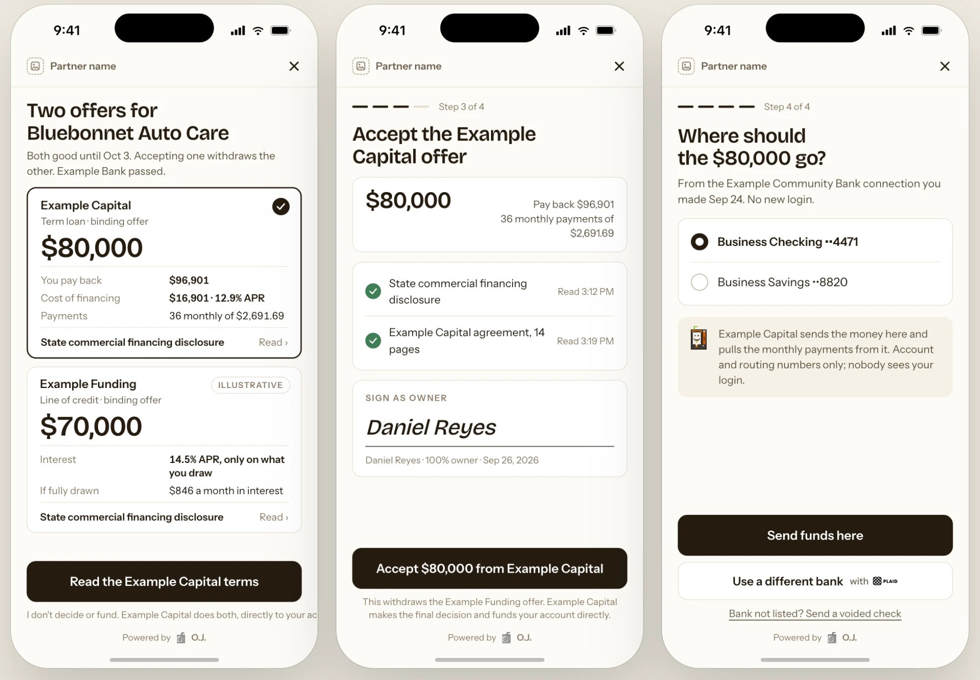 Three screens: two offers for Bluebonnet Auto Care, accepting the Example Capital offer, and choosing Business Checking ending 4471 to receive $80,000