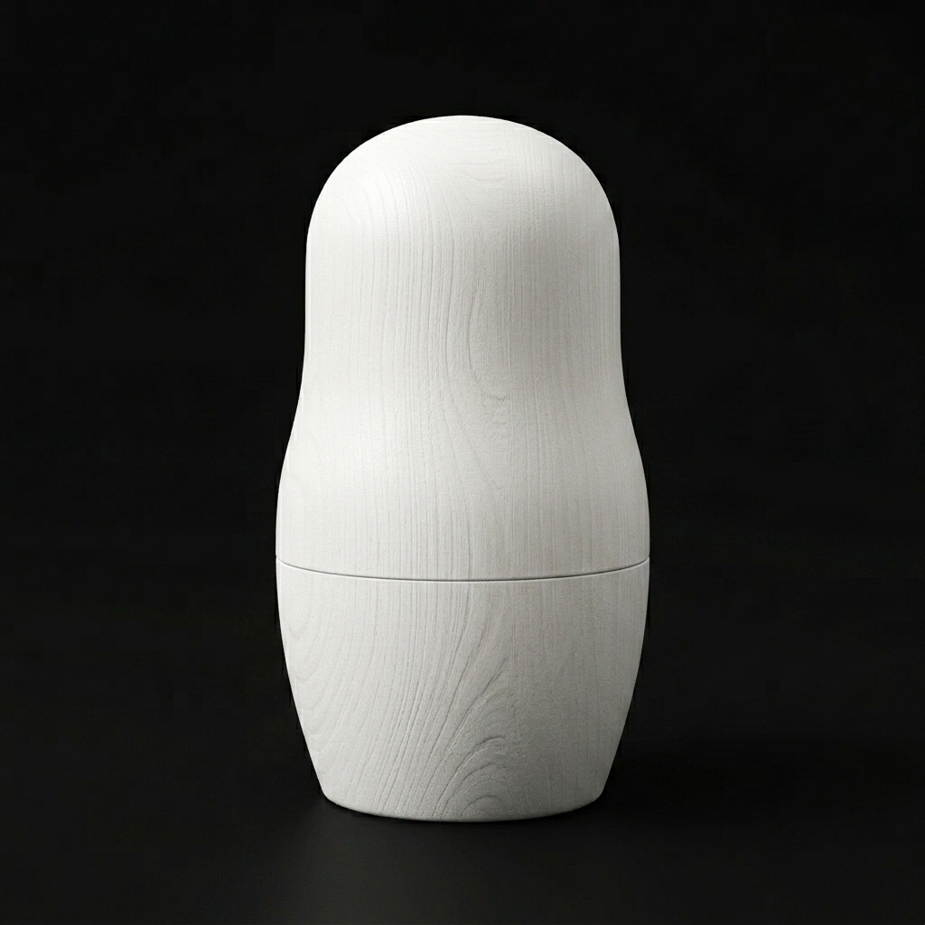 o1 doll back view: a plain white Matryoshka doll with no drawing