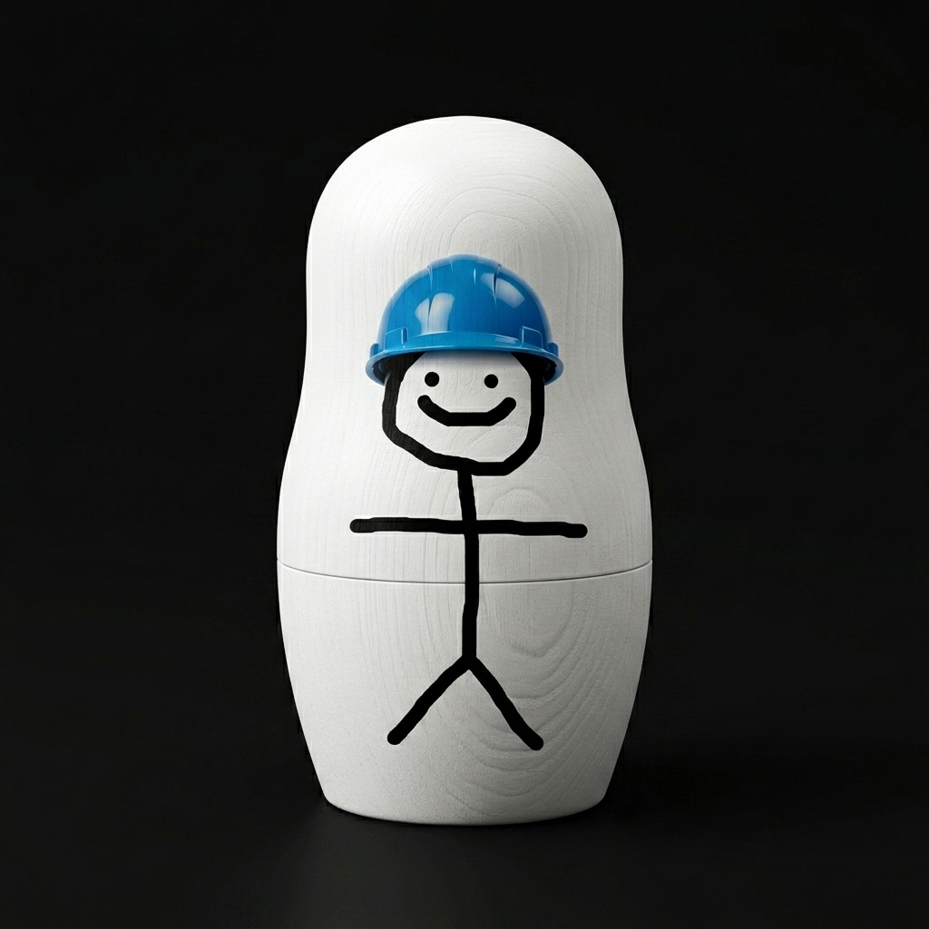 o1 doll front view: a white Matryoshka doll with a hand-drawn stick figure wearing a blue hard hat