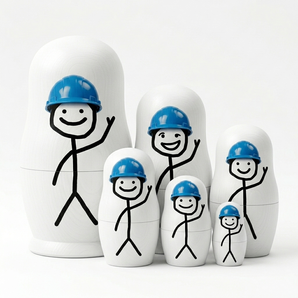 A group of six o1 dolls in descending sizes, all waving