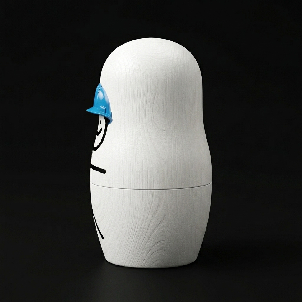 o1 doll side view with the hard hat and drawing wrapping around the profile