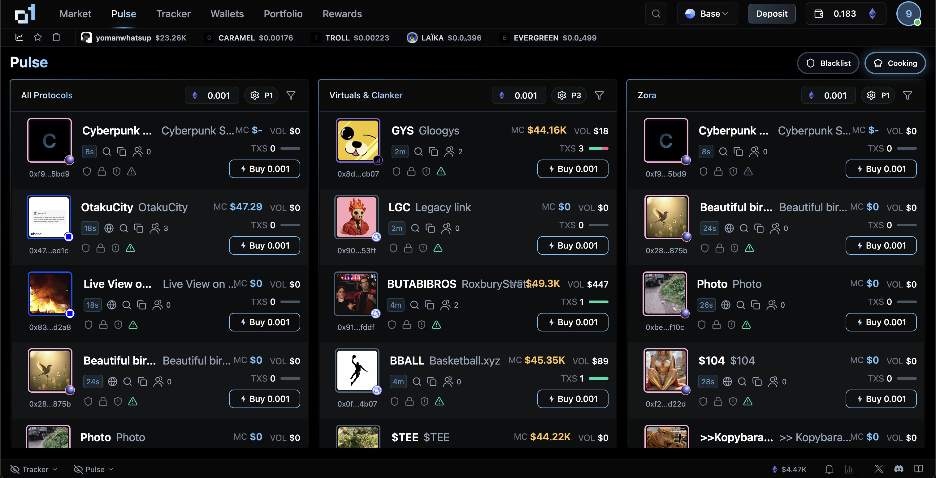 Pulse page showing new token pairs