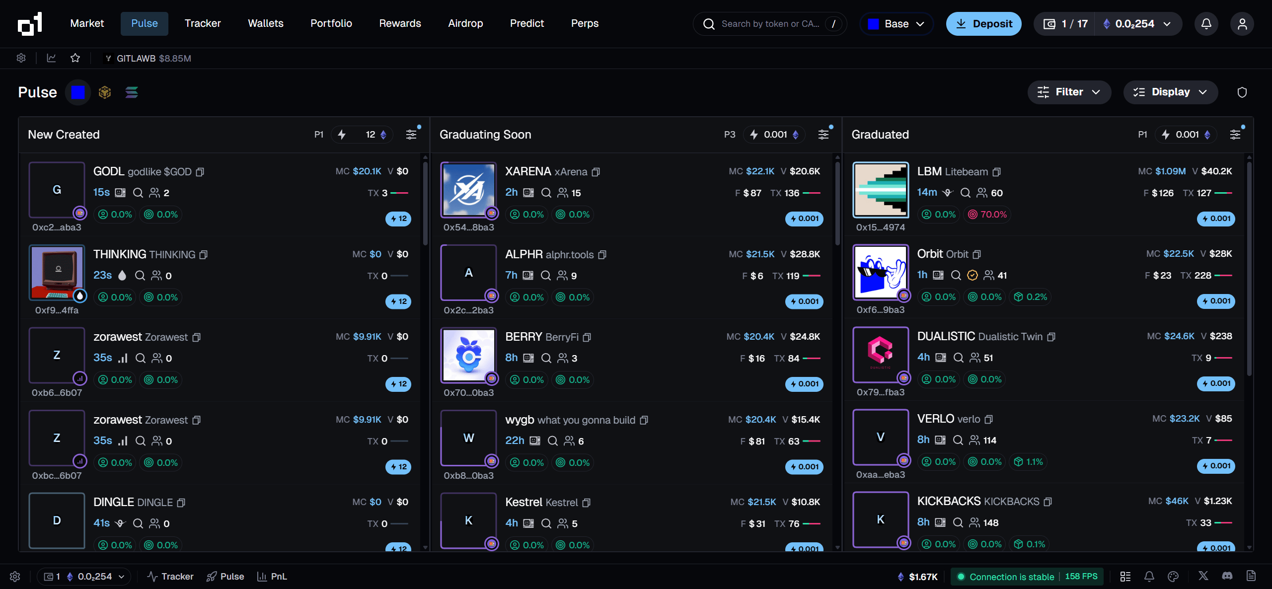 Pulse page showing new token pairs