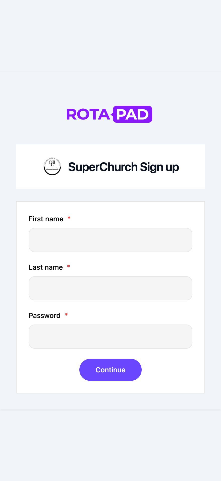 SuperChurch Sign up page with First name, Last name and Password fields and a Continue button