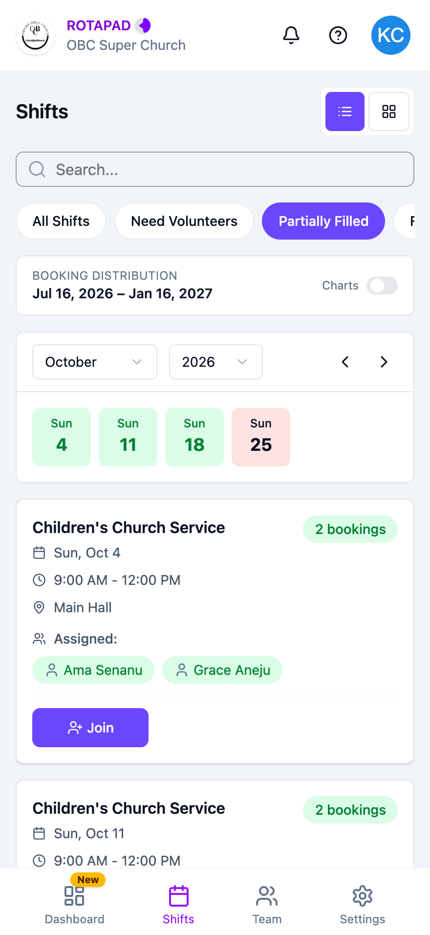 Shifts page with the Partially Filled filter selected, showing only shifts that have some team members