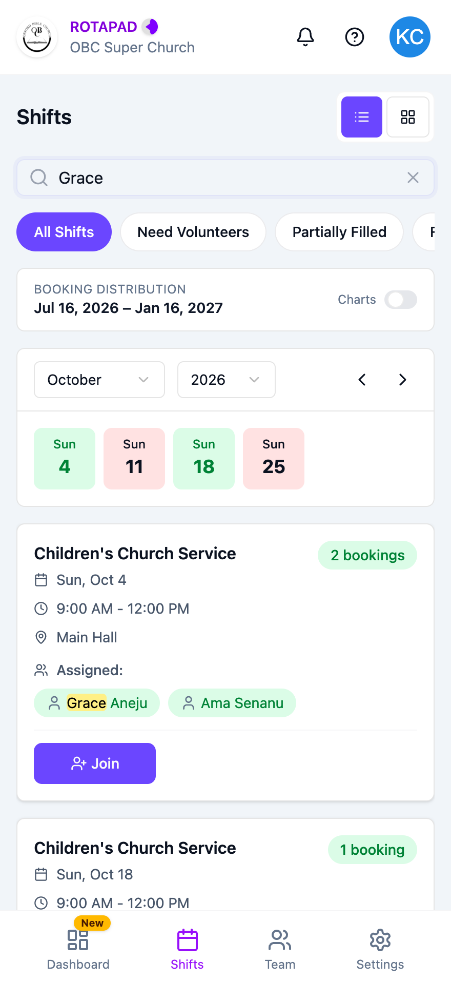 Shifts page with a name in the search box and a matching shift card with the name highlighted