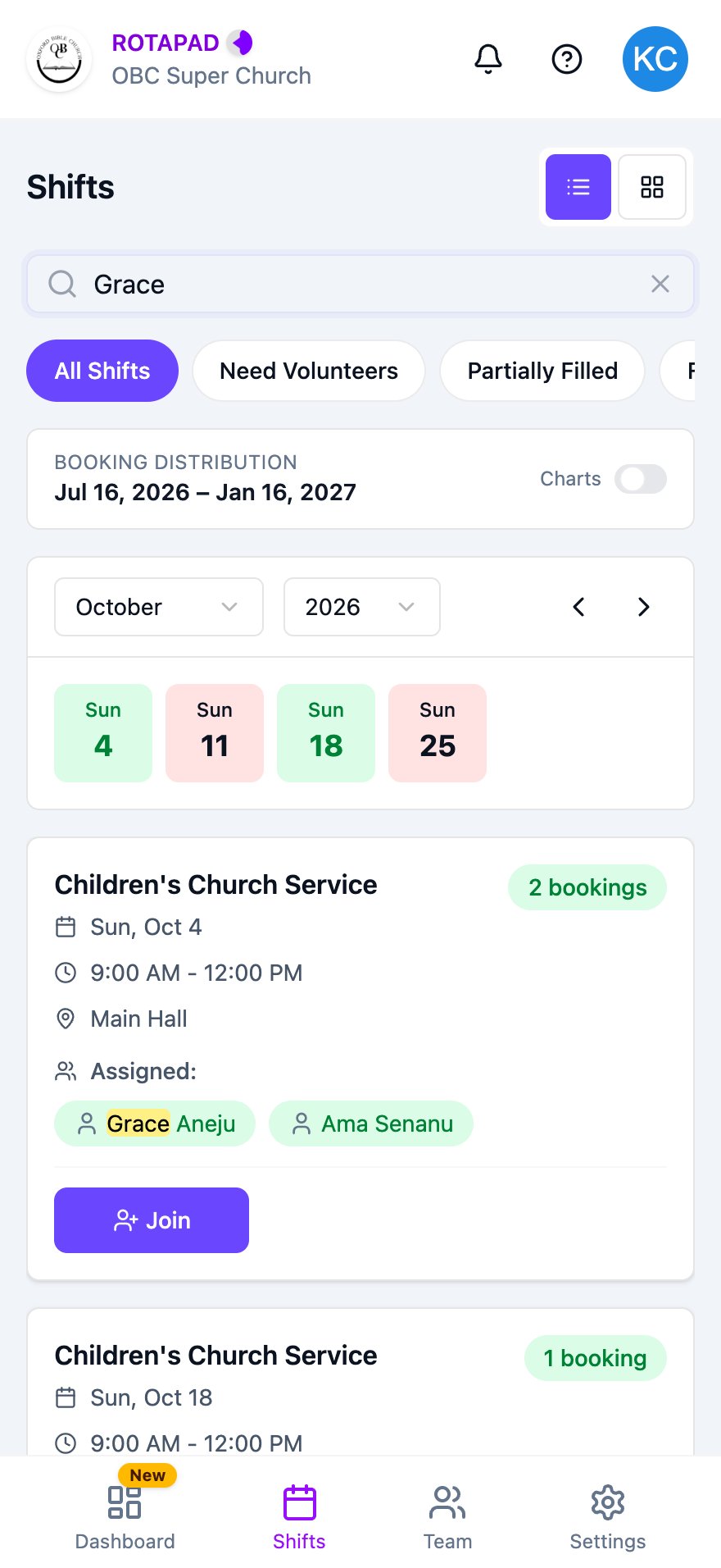 Shifts page with a name in the search box and a matching shift card with the name highlighted