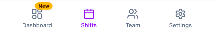 Bottom navigation bar with Dashboard, Shifts, Team and Settings buttons