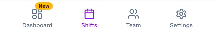 Bottom navigation bar with Dashboard, Shifts, Team and Settings buttons