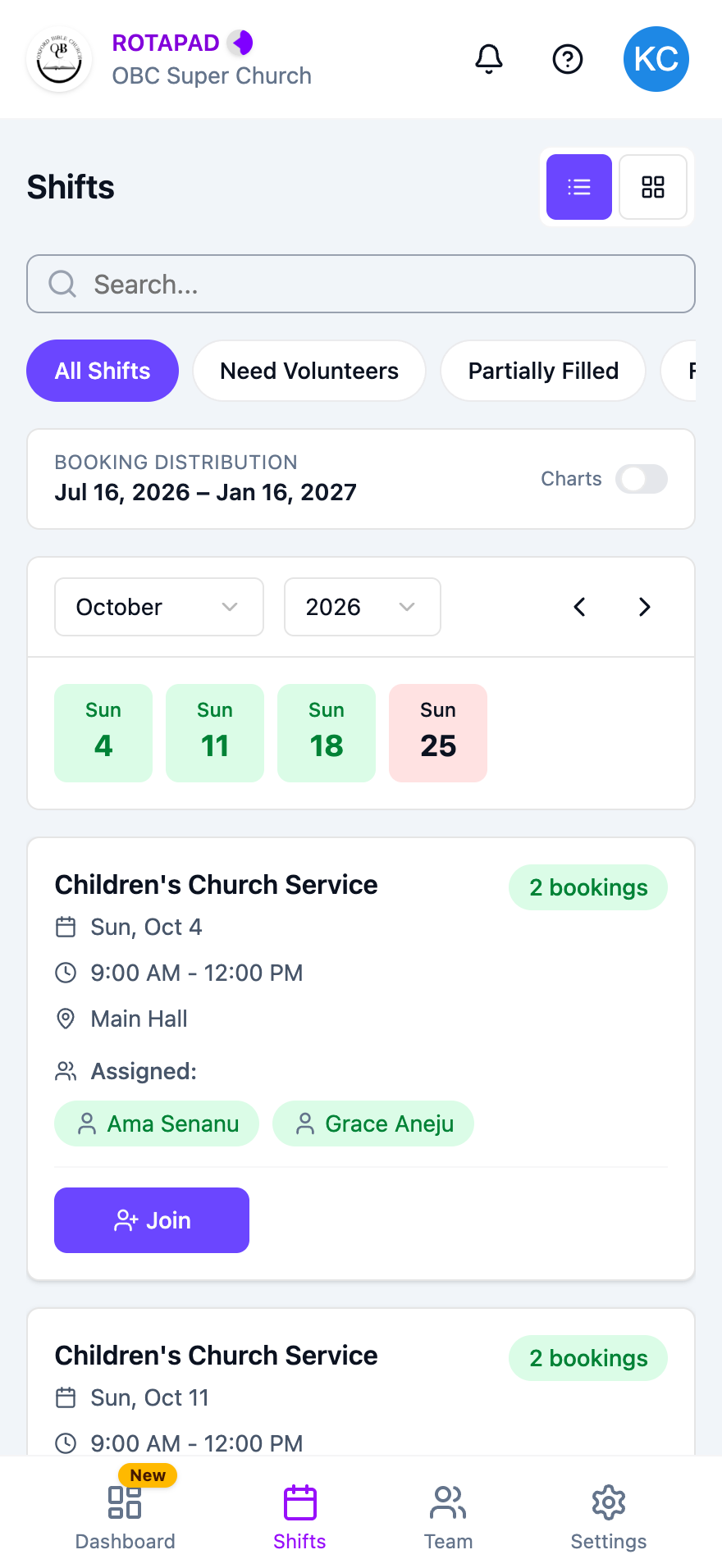 Shifts page showing the search box, filter buttons, the month picker, the Sundays of the month and the first shift card