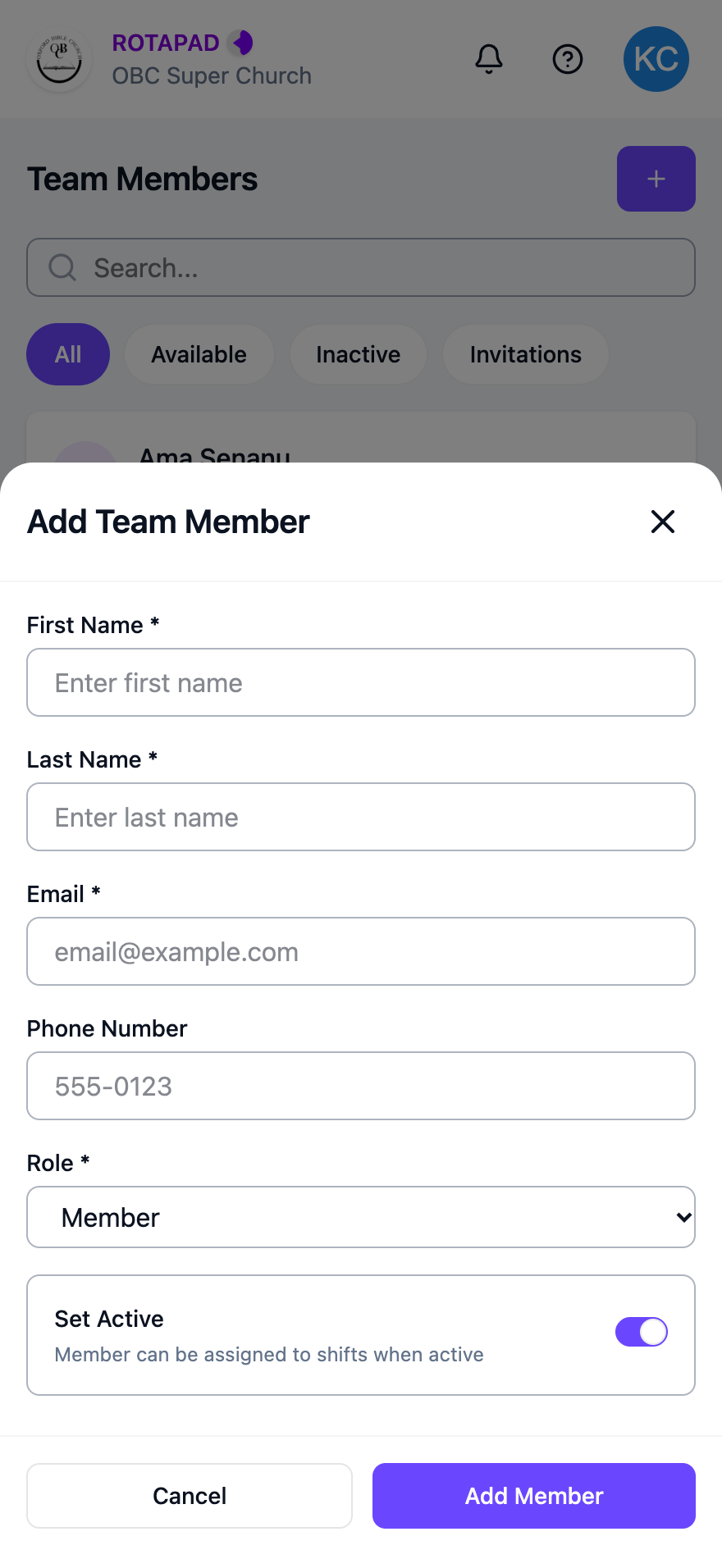 Add Team Member form with First Name, Last Name, Email, Phone Number, Role and a Set Active switch