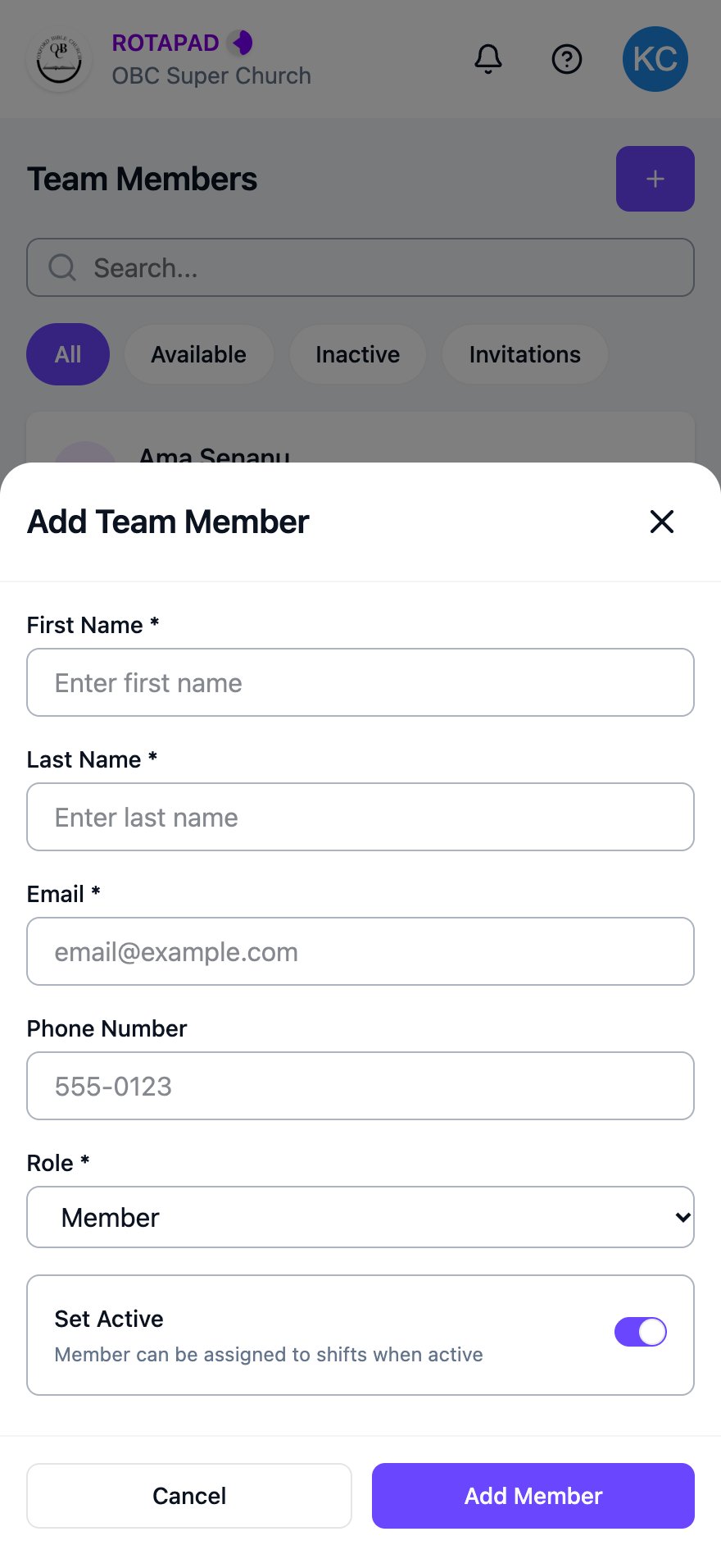 Add Team Member form with First Name, Last Name, Email, Phone Number, Role and a Set Active switch