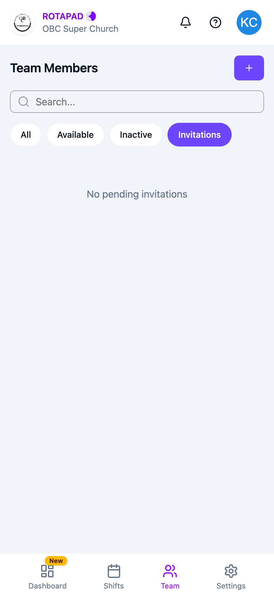 Team page with the Invitations filter selected