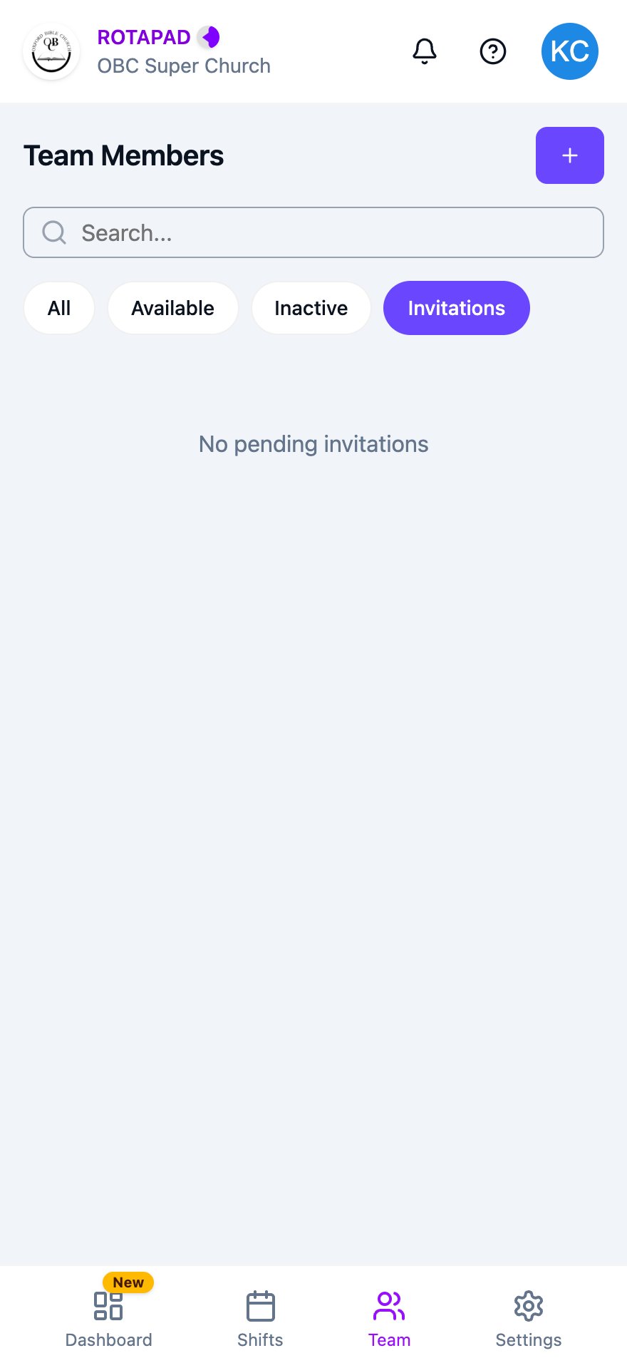 Team page with the Invitations filter selected