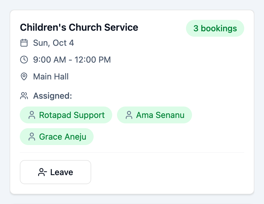Shift card for a shift the user is on, with a Leave button