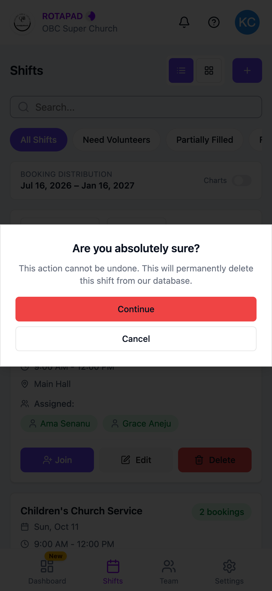 Dialog asking Are you absolutely sure? with Cancel and Continue buttons