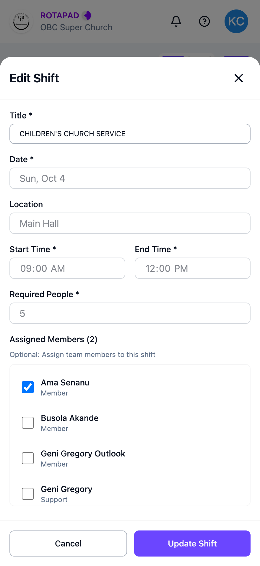 Edit Shift form with the Title field, greyed-out date and time fields, and a list of team members with tick boxes