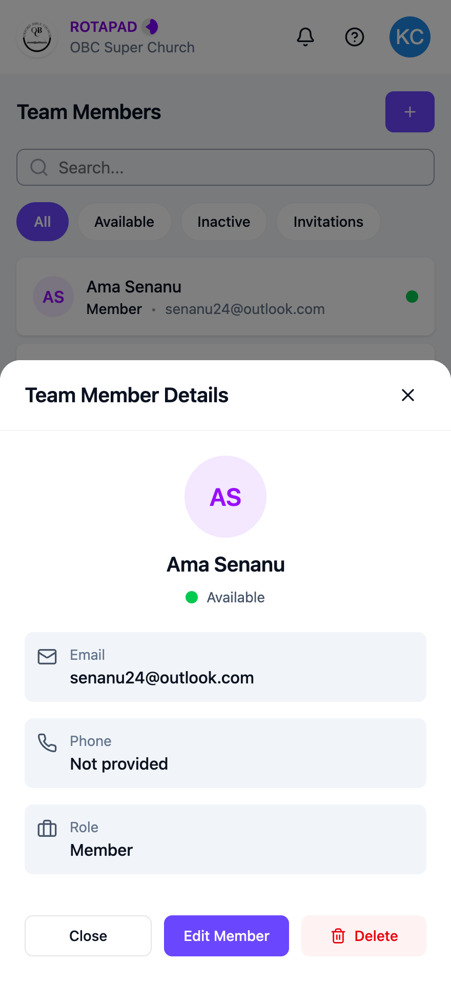 Team Member Details showing the member's name, status, phone number and role, with Close, Edit Member and Delete buttons