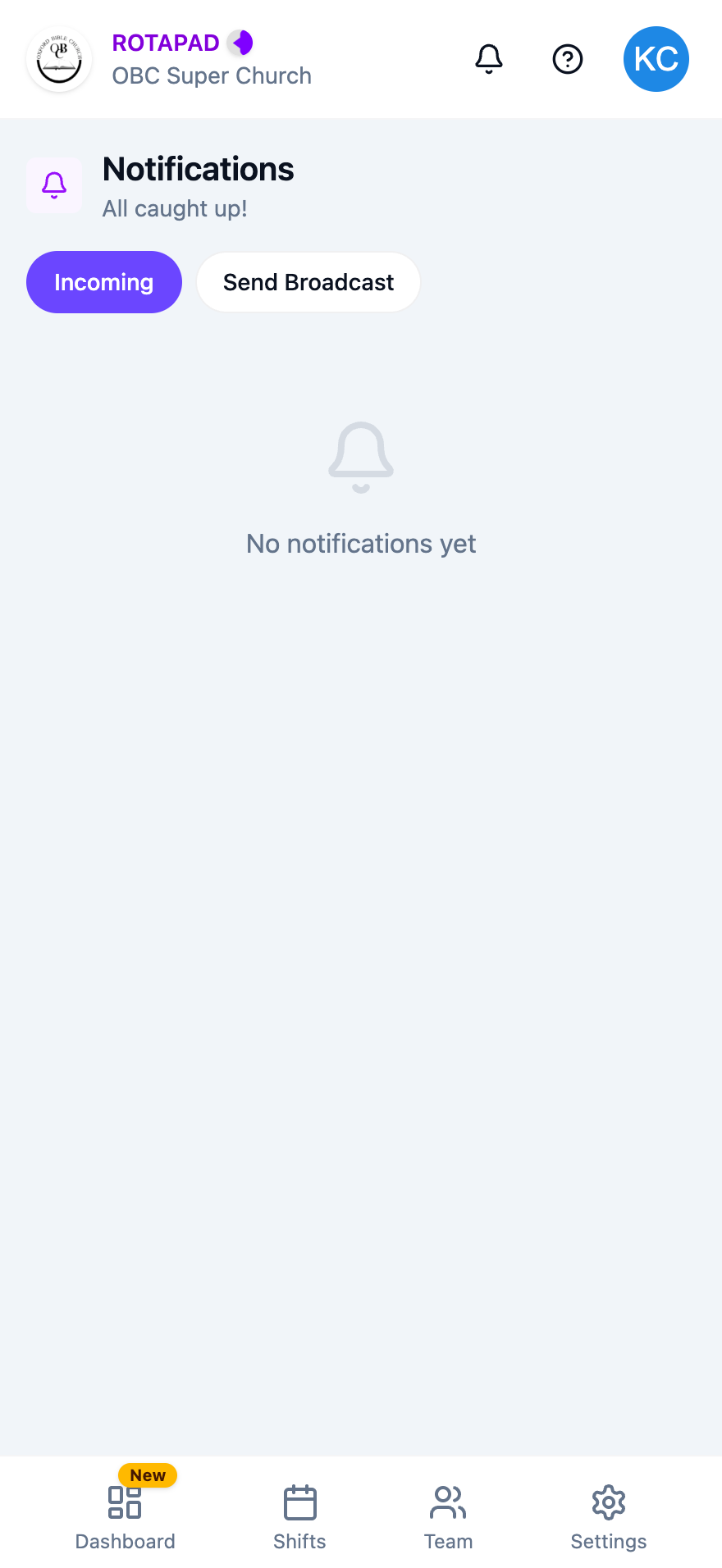 Notifications page with the Incoming and Send Broadcast tabs