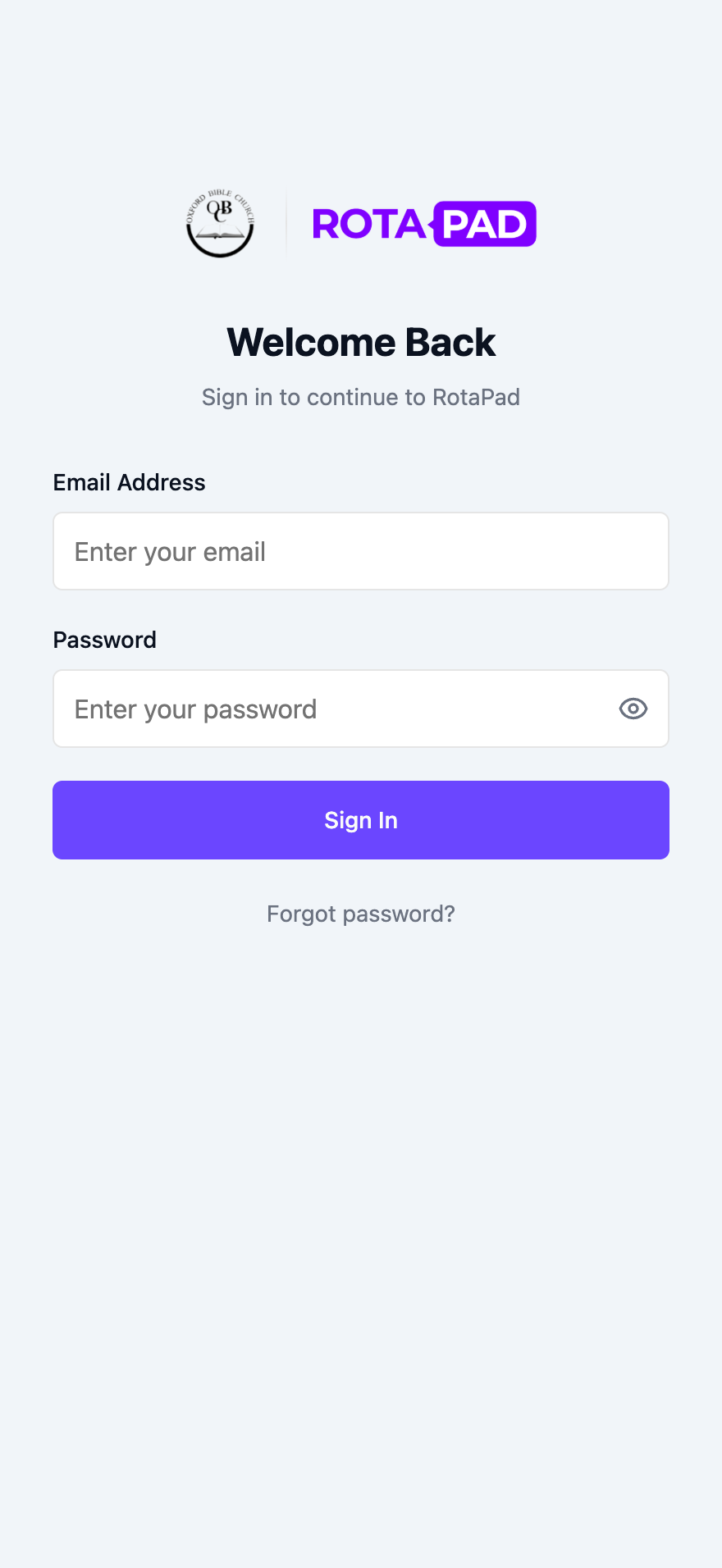 Welcome Back sign-in page with Email Address and Password fields, a Sign In button and a Forgot password link