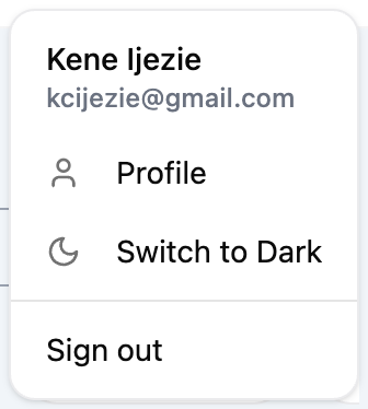 User menu with the signed-in name, Profile, Switch to Dark and Sign out