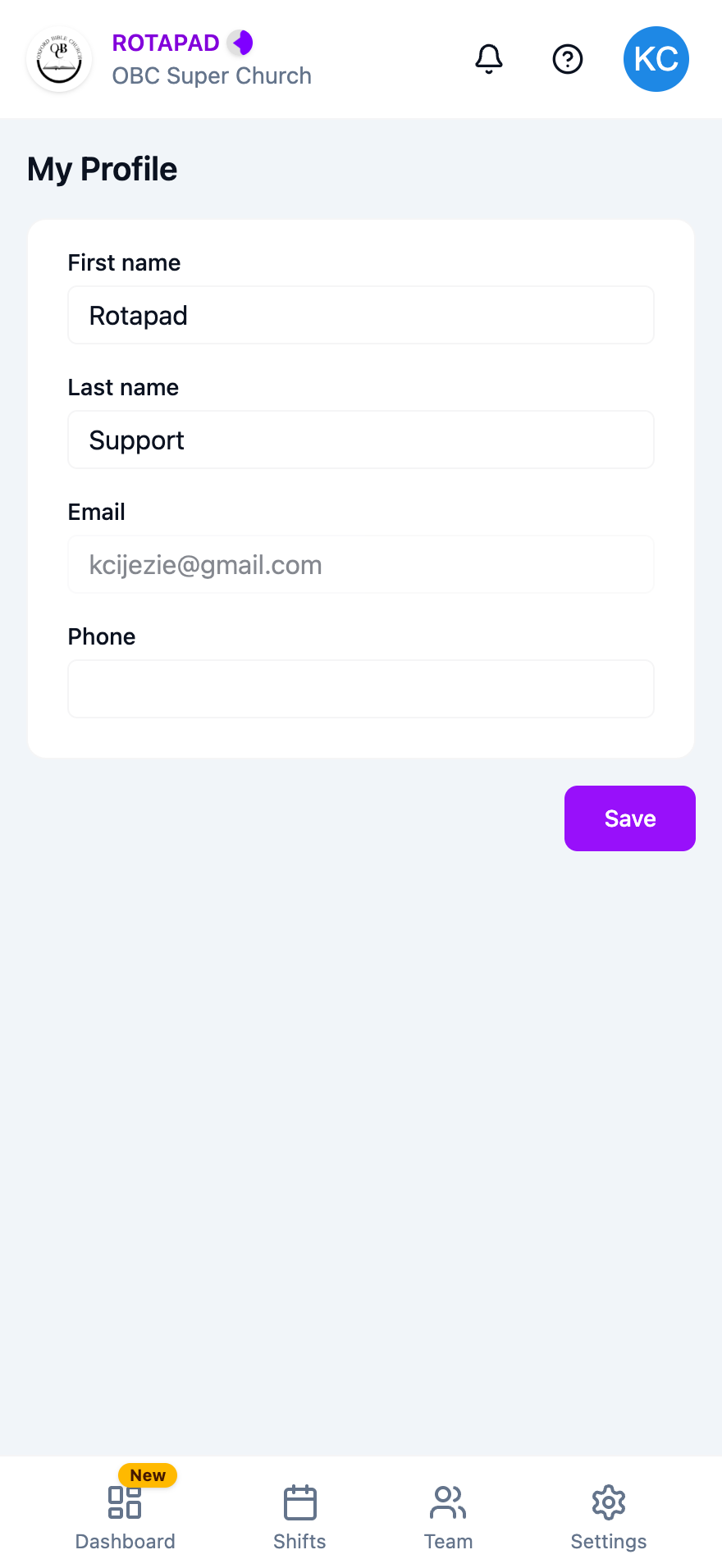 My Profile page with First name, Last name, Email and Phone fields and a Save button