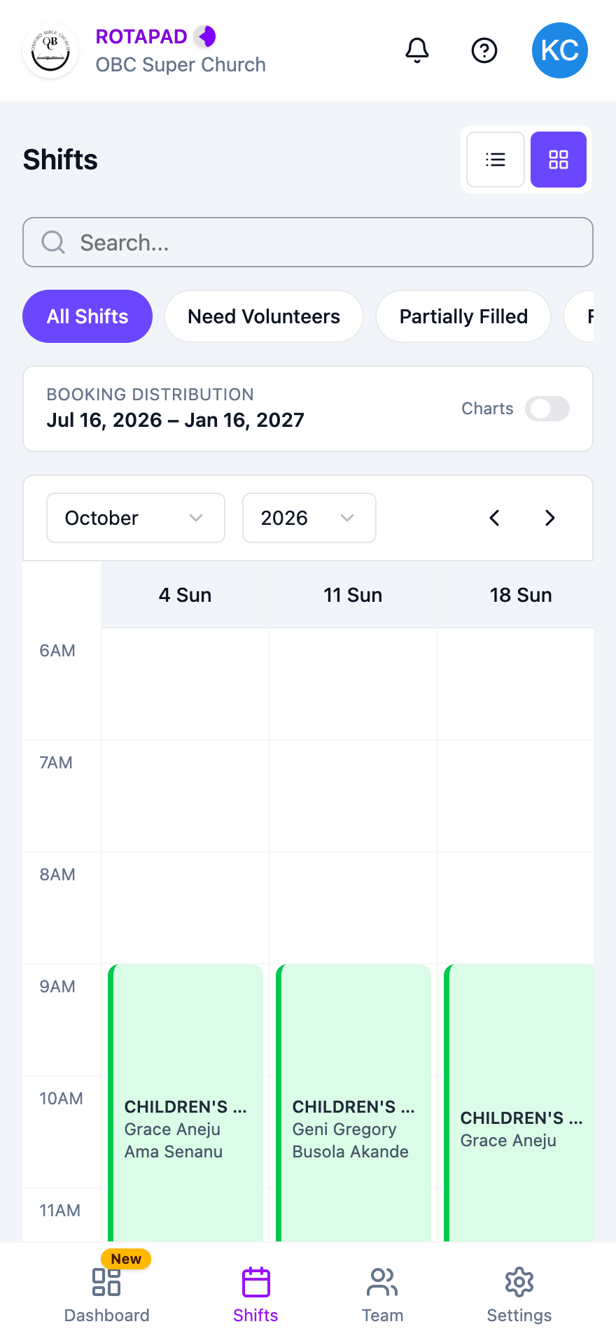 Calendar view with a column for each Sunday and shift blocks showing the service name and team members