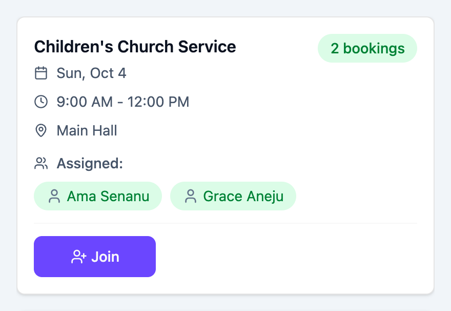 Shift card showing the service name, date, time, the number of people on it and the assigned team members