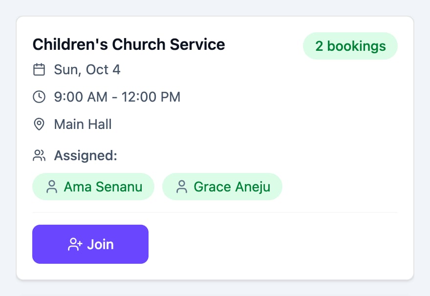 Shift card showing the service name, date, time, the number of people on it and the assigned team members