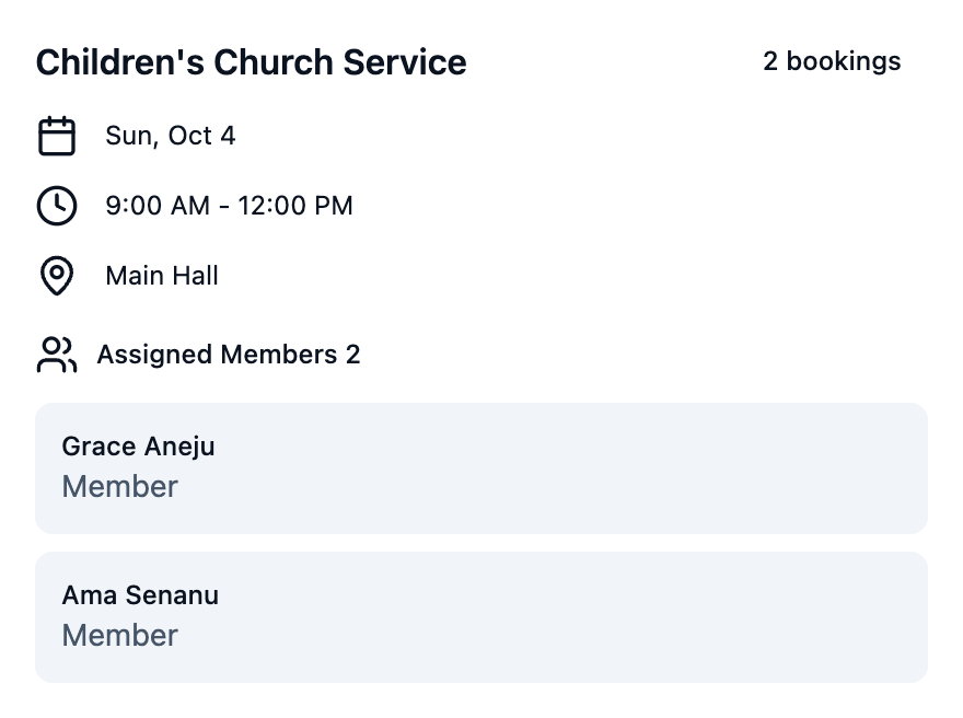 Shift Details showing the service name, date, time and a list of assigned members with their roles