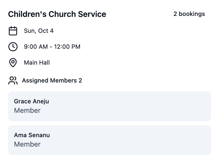 Shift Details showing the service name, date, time and a list of assigned members with their roles