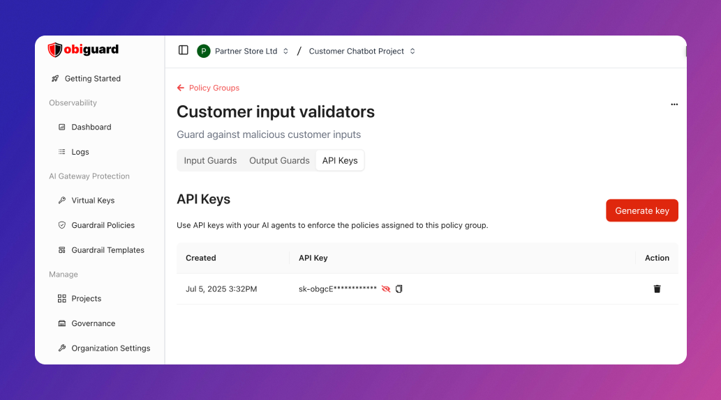 Copy your Obiguard API key
